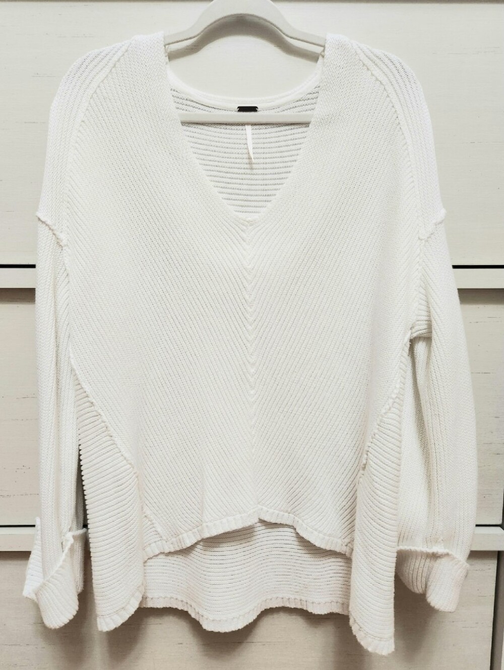 Free People Sweater La Brea Cotton VNeck Size XS Oversized White OB533611